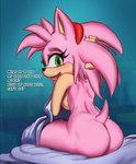 anthro back_muscles black_nose blush breasts butt dialogue eyelashes female fingers green_eyes looking_at_viewer looking_back looking_back_at_viewer open_mouth pink_body sitting solo text drxsmokey sega sonic_the_hedgehog_(series) amy_rose eulipotyphlan hedgehog mammal 2023 digital_media_(artwork) english_text hi_res