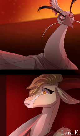 amber_eyes anthro beak blonde_hair bodily_fluids clothed clothed_anthro clothed_female clothed_male clothing duo ears_down feathers female fur grey_beak hair hair_over_eye knife male multicolored_body multicolored_feathers orange_sky pivoted_ears red_clothing red_eyes scared shocked sky sweat sweatdrop two_tone_body two_tone_feathers white_body white_fur white_skin lara-kein disney dreamworks kung_fu_panda zootopia gazelle_(zootopia) lord_shen antelope avian bird bovid galliform gazelle mammal peafowl phasianid hi_res