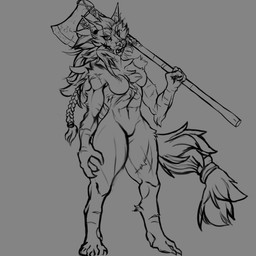 anthro female hair kelpha long_hair scar solo war_axe neppae_(artist) mythology canid canine mammal mythological_canine mythological_creature werecanid werecanine werecreature werewolf 1:1 hi_res line_art monochrome