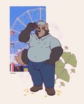 anthro belly big_belly bottomwear brown_body brown_fur bulge clothing fur hat headgear headwear humanoid_hands male overweight overweight_male pants shirt solo topwear mamenoko sihai's_legacy paul_(sihai's_legacy) canid canine mammal raccoon_dog tanuki 2022 absurd_res hi_res