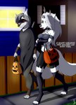 absurd_res anthro bag canid canine canis clothed clothing costume crossover death_(puss_in_boots) digital_media_(artwork) dreamworks duo english_text female fur grey_hair hair halloween helluva_boss hi_res holidays jagoth_wolf jorge-the-wolfdog loona_(helluva_boss) male male/female mammal puss_in_boots_(dreamworks) sidewalk simple_background smile smiling_at_another smiling_at_partner sve sve_ulfrota text upset walking white_body white_fur wolf