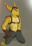 abs anthro belt biceps biped boots bottomwear chest_tuft clothed clothing eyebrows footwear fur gloves green_eyes grey_bottomwear grey_clothing handwear holster kneeling male muscular muscular_anthro muscular_male pants pecs pose shoes shoulder_holster smug solo tail topless tuft yellow_body yellow_fur yellow_tail spinal22 ratchet_and_clank sony_corporation sony_interactive_entertainment ratchet_(ratchet_and_clank) lombax mammal 2012 hi_res signature