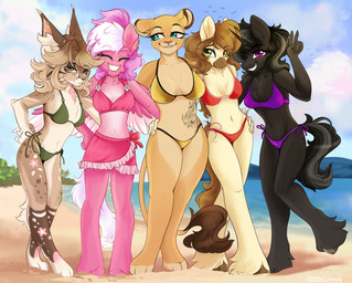 anthro beach belly_tattoo big_breasts bikini blue_eyes blush breasts clothed clothing ear_piercing eyelashes fangs feathered_wings feathers female floral_markings fur gesture gold_bikini green_eyes group group_photo hair hand_gesture horn leg_markings looking_at_viewer markings navel outside piercing purple_eyes sand seaside sky small_breasts smile smiling_at_viewer swimwear tail tattoo teeth thick_thighs tuft two-piece_swimsuit v_sign water wings aslan_(artist) hasbro my_little_pony mythology calpain fan_character fleur_(jezebel_remedy) nightstar_(legatnightstar) sophie_panthera starwing_(cero_woof) earth_pony equid equine felid feline horse lion lynx mammal mythological_creature mythological_equine pantherine pegasus pony unicorn 2025 absurd_res digital_media_(artwork) hi_res