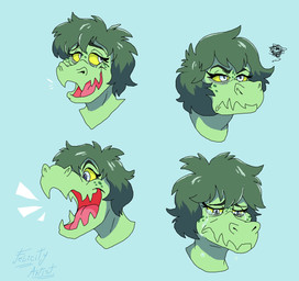 anthro blue_background bodily_fluids crying eyelashes female freckles green_body green_hair green_scales grey_eyes hair open_mouth open_smile scales short_hair simple_background smile solo tears text tongue yellow_sclera artistfelicity cavemanon_studios i_wani_hug_that_gator olivia_halford baryonyx dinosaur prehistoric_species reptile scalie spinosaurid theropod 2024 absurd_res artist_name digital_drawing_(artwork) digital_media_(artwork) hi_res signature