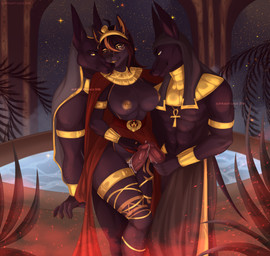 5_fingers accessory anthro big_breasts black_body black_claws black_fur black_nose bodily_fluids breasts claws clothed clothing decorative_scarab egyptian egyptian_clothing egyptian_headdress fangs female fingers fur genital_fluids genitals gold_(metal) gold_jewelry gold_makeup golden_markings group hair hand_on_penis humanoid_genitalia humanoid_penis jewelry leaf male male/female multicolored_hair muscular muscular_anthro muscular_male night nipples partially_clothed penile penis penises_touching petting red_clothing sex star swimming_pool tail teeth thigh_sex tongue trio usekh vulva water yellow_ears yellow_eyes yellow_nipples yellow_tongue yellow_vulva albtraumwach sanu egyptian_mythology middle_eastern_mythology mythology anubian_jackal canid canine canis jackal mammal absurd_res hi_res