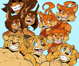 ahoge anthro bared_teeth blonde_hair blue_eyes breasts brown_body brown_fur brown_hair cleavage clothed clothing fangs female fur grin group gums hair mouth_shot muscular muscular_female open_mouth open_smile orange_body orange_eyes orange_fur orange_hair sharp_teeth showing_teeth smile snarling tan_body tan_fur teeth tongue trio uvula ceehaz dog_knight_rpg jeane_(ceehaz) maci_(ceehaz) rory_(ceehaz) bird_dog canid canine canis dobermann domestic_dog golden_retriever hunting_dog mammal pinscher pomeranian retriever spitz 6:5 absurd_res hi_res