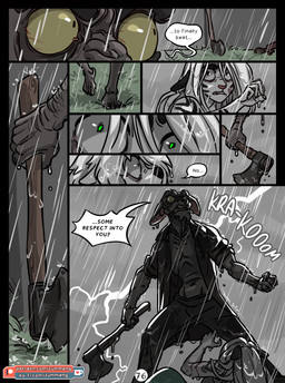 5_fingers anthro axe brown_nose clothed clothing female fingers green_eyes hair male melee_weapon open_mouth raining scar teeth text violence weapon white_hair yelling zummeng estella_(zummeng) evie_(zummeng) domestic_cat felid feline felis mammal pantherine tiger 2019 comic digital_media_(artwork) english_text hi_res