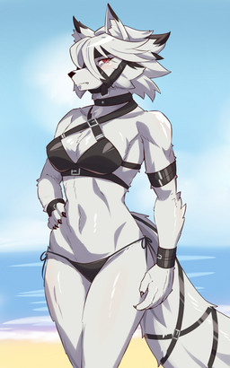 anthro beach bikini bikini_thong black_bikini black_clothing black_swimwear blush breasts claws clothing crossgender cuffs_(clothing) fangs female mtf_crossgender red_eyes solo straps swimwear teeth two-piece_swimsuit hocen-hosen-hosen_(artist) mihoyo zenless_zone_zero von_lycaon canid canine canis mammal thiren wolf 5:8 hi_res