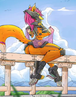 anthro bedroom_eyes biped bottomless bottomless_anthro bottomless_female breasts butt clothed clothing cybernetic_face cybernetic_leg cybernetic_limb cybernetics detailed_background female fur hair looking_at_viewer machine multicolored_body multicolored_fur narrowed_eyes on_fence orange_body orange_fur outside pink_hair seductive sitting sitting_on_fence solo two_tone_body two_tone_fur white_body white_fur dreycothewyrm geneec_fenkana canid canine cyborg fox mammal 2025 digital_media_(artwork) hi_res