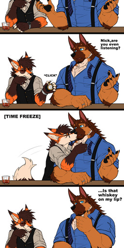 anthro black_bars brown_body brown_fur brown_hair claws clock clothed clothing dialogue duo eyewear facial_hair finger_claws fur glasses goatee hair kissing lovers_moment male male/male muscular muscular_male orange_body orange_fur profanity sunglasses suspenders text time_stop watch wristwatch drks garnett nicolas_(drks) canid canine canis domestic_dog fox german_shepherd herding_dog mammal pastoral_dog absurd_res english_text hi_res letterbox