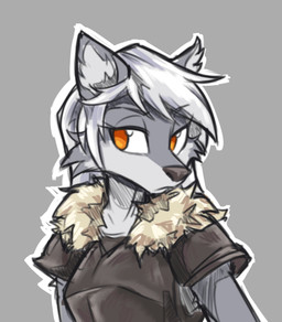 anthro armor female fur fur_collar grey_background grey_body grey_fur grey_hair hair orange_eyes pauldron simple_background solo gndthr323 kiruss canid canine canis mammal wolf hi_res portrait