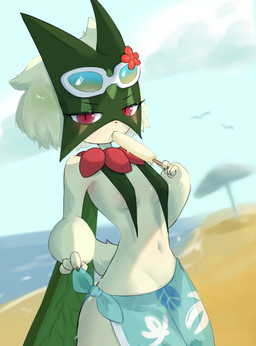anthro beach beach_umbrella belly breast_curtains breasts clothing female flower_accessory food navel parasol popsicle popsicle_in_mouth popsicle_melting side_boob small_breasts solo translucent translucent_clothing moccimew nintendo pokemon pokemon_unite beach_style_meowscarada generation_9_pokemon meowscarada pokemon_(species) absurd_res hi_res