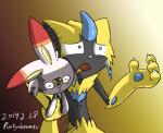 duo humor punkydreamer nintendo pokemon felid generation_7_pokemon generation_8_pokemon lagomorph legendary_pokemon mammal pokemon_(species) scorbunny zeraora 2019 reaction_image