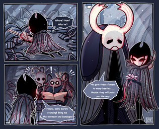 2_horns 4_panel_comic ambiguous_gender antennae_(anatomy) biped black_body black_eyes dialogue ellipsis exclamation_point eyewear female fingers flower glasses group holding_flower holding_map holding_melee_weapon holding_object holding_weapon horn kneeling logo map melee_weapon mouth_closed plant question_mark speech_bubble talking_to_another text weapon wounded netmors hollow_knight_(franchise) team_cherry cornifer_(hollow_knight) elderbug_(hollow_knight) grimmchild_(hollow_knight) iselda_(hollow_knight) arthropod absurd_res artist_logo comic english_text hi_res