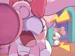 blush bodily_fluids clothing crown duo female feral fur headgear heart_symbol humor open_mouth panties pink_body pink_fur purple_body purple_fur shocked sweat tiara tongue underwear white_eyes nettsuu himitsu_no_cocotama kirarise_(cocotama) melory cocotama 4:3