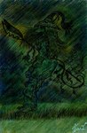 abstract_background accessory anthro burmecian clothing colored_pencil_(artwork) final_fantasy final_fantasy_ix grass hair hat headgear headwear hi_res inspired_by_formal_art janet_k_wallace long_hair male mammal melee_weapon minimal_color painting_(artwork) plant polearm raining rat_tail rodent sir_fratley solo spear square_enix standing traditional_media_(artwork) watercolor_(artwork) weapon