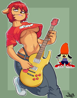 anthro barbell_piercing bottomwear breasts brown_nose clothed clothing denim denim_bottomwear denim_clothing ears_down electric_guitar eyelashes female footwear front_view green_background grey_bottomwear grey_clothing grey_jeans grey_pants guitar hair holding_guitar holding_musical_instrument holding_object horn jeans lipstick long_eyelashes makeup musical_instrument navel navel_piercing pants piercing pivoted_ears playing_guitar playing_music plucked_string_instrument purple_eyes purple_lipstick red_clothing red_hair red_topwear shoes short_hair simple_background smile solo string_instrument tan_horn thick_thighs thong_straps topwear under_boob white_clothing white_footwear white_shoes wide_hips hoja_dp parappa_the_rapper sony_corporation sony_interactive_entertainment um_jammer_lammy lammy_lamb bovid caprine mammal sheep hi_res