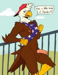 american_flag anthro backwards_baseball_cap backwards_hat balls baseball_cap beak bottomless brown_body brown_feathers clothed clothing dialogue feathers genitals hat headgear headwear humanoid_genitalia humanoid_penis looking_at_viewer male mostly_nude nipples penis railing shirt solo speech_bubble tail tail_feathers tank_top topwear united_states_of_america white_body white_feathers valthelewdtino accipitrid accipitriform avian bald_eagle bird eagle sea_eagle