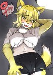 after_transformation anthro big_breasts blonde_hair bodily_fluids bottomwear breasts claws clothing crying female fur hair hand_behind_head looking_down low-angle_view navel nipple_outline open_mouth shorts solo surprised tail tears torn_clothing yellow_body yellow_fur toribako canid canine fox mammal 2024 digital_media_(artwork) hi_res