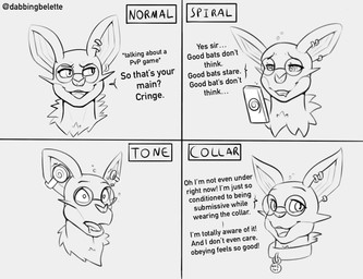 anthro collar dialogue ear_piercing earbuds electronics headphones hypnosis male mind_control open_mouth phone piercing spiral spiral_eyes text dabelette nintendo pokemon dabelette_(character) generation_6_pokemon noivern pokemon_(species) 2025 comic english_text monochrome