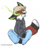 2008 anthro biped bottomwear canid canine clothed clothing crossed_legs derp_eyes eye_mist fox fully_clothed hair kitsune_(character) male mammal marker_(artwork) pants short_hair simple_background sitting solo tail text tongue traditional_media_(artwork) url white_background zeriara