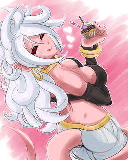 arm_warmers armwear bangs black_clothing black_nails black_sclera blush bottomwear bracelet butt clothing colored_nails cupcake ear_piercing ear_ring female food gold_(metal) gold_jewelry hair heart_symbol holding_food holding_object hoop_ear_ring humanoid_pointy_ears jewelry long_hair nails neck_ring not_furry pants piercing pink_background pink_body pink_skin pink_tail pointy_ears red_eyes ring_piercing simple_background smile solo standing tail tongue tongue_out white_background white_bottomwear white_clothing white_hair white_pants treespeakart_(artist) dragon_ball dragon_ball_fighterz android_21 majin_android_21 alien alien_humanoid humanoid majin 2018 4:5 absurd_res digital_media_(artwork) hi_res signature