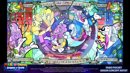 ambiguous_gender antennae_(anatomy) anthro black_body black_fur black_hair blue_clothing blue_suit braided_pigtails buckteeth clothed clothed_anthro clothed_male clothing copyright_symbol cravat eyelashes eyes_closed featureless_legs female female_anthro fur gramophone grey_cravat grey_hair group hair holding_cloth insect_wings larger_anthro larger_male leaf long_ears long_eyelashes long_hair looking_at_viewer male male_anthro mitten_hands mole_under_eye musical_note musical_symbol noseless overweight overweight_anthro overweight_male performance pink_inner_ear pink_tongue plant purple_clothing purple_eyelids purple_topwear purple_vest red_clothing sheet_music singing size_difference smaller_anthro smaller_female stained_glass suit symbol tan_eyelids tears_of_pain teeth text title tongue topwear vest vines vinyl_record white_body white_fur wig wings year yellow_body fabio_pochet mario_bros mario_plus_rabbids_kingdom_battle mario_plus_rabbids_sparks_of_hope nintendo raving_rabbids rayman_(series) ubisoft bea_(mario_plus_rabbids) phantom_of_the_bwahpera arthropod bee bee-rabbid elemental_creature flora_fauna ghost hybrid hymenopteran insect lagomorph mammal rabbid spirit 16:9 2022 4k absurd_res artist_name colored crossover digital_drawing_(artwork) digital_media_(artwork) english_description english_text hi_res multiple_scenes widescreen
