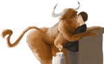 anthro areola bent_over big_breasts big_butt bodily_fluids breast_milking breasts butt clothed clothed/nude clothed_male clothing duo female hair hair_over_eyes horn huge_breasts human_on_anthro interspecies kissing lactating larger_female leaning leaning_forward male male/female milk milk_pail nipples nude size_difference smaller_male thick_thighs wide_hips doctordj daniella_(doctordj) bovid bovine cattle highland_cattle human mammal hi_res