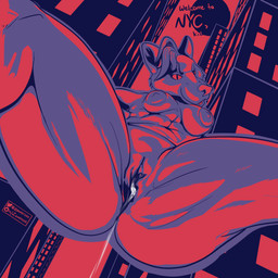anthro bodily_fluids breasts city city_background cityscape cum cum_in_vagina cum_inside eyebrows female genital_fluids genitals hair leaking_cum looking_at_viewer looking_down looking_down_at_viewer low-angle_view narrowed_eyes nipples nude open_mouth outdoor_nudity outside raised_eyebrows solo vulva zaverose 1:1 hi_res