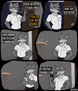 5_fingers 6_panel_comic annoyed anthro belt black_belt black_nose bottomwear broom brown_bottomwear brown_clothing brown_pants buckle cellphone cheek_tuft cleaning_tool clock clothing collared_shirt contemplating detailed_background dialogue dialogue_with_sound_effects door door_handle doorknob doorway duo electronics ellipsis eye_bags eyebrow_through_hair eyebrows eyelashes facial_tuft fangs fingers five_o'clock_shadow fur gold_watch grey_body grey_ears grey_fur grey_hair grey_inner_ear grossed_out hair hand_on_door hand_on_hip hands_on_hips head_tuft holding_cellphone holding_object holding_phone holding_smartphone humor ill inside looking_at_another looking_at_object male offscreen_character onomatopoeia open_door open_mouth pants phone profanity pupils question question_mark shirt shirt_pocket slit_pupils smartphone snout sound_effects standing stuttering teeth text thinking thinking_pose tired tired_eyes tongue topwear translucent translucent_hair tuft upset wall_(structure) watch white_clothing white_eyes white_sclera white_shirt white_topwear suitedwolfie k_(suitedwolfie) canid canine canis mammal northwestern_wolf wolf 2026 artist_name comic digital_drawing_(artwork) digital_media_(artwork) english_text hi_res shaded watermark