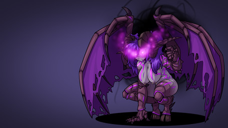 areola breasts corruption crouching female glowing glowing_eyes grin hair hooves horn humanoid_pointy_ears looking_at_viewer nipple_piercing nipples not_furry nude piercing pigtails pointy_ears purple_eyes purple_hair simple_background smile solo tattoo wings limebreaker blizzard_entertainment demon_hunter_(warcraft) warcraft nilania_voidsong demon elf humanoid night_elf 16:9 2017 digital_media_(artwork) hi_res wallpaper widescreen