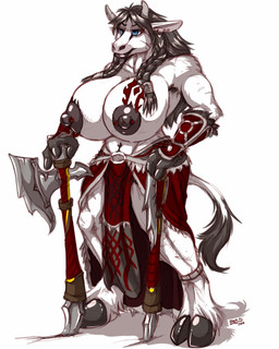 anthro armor axe big_breasts bottomwear breasts clothed clothing female huge_breasts loincloth melee_weapon nipple_piercing nipples piercing solo standing tail tattoo topless weapon fenrir_lunaris blizzard_entertainment warcraft bovid bovine cattle mammal tauren
