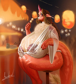 1_horn anthro areola big_areola big_breasts breasts brown_areola brown_hair brown_nipples cleavage clothed clothing eating female female_anthro food fur glistening glistening_breasts glistening_thighs hair horn huge_breasts humanoid_hands hyper hyper_breasts long_hair long_tail mochi neck_tuft nipples orange_body orange_fur red_eyes side_view sitting solo tail tan_body tan_fur text thick_thighs translucent translucent_clothing translucent_topwear tuft blulesnsfw mari_(traumerei) chinchilla chinchillid hybrid mammal rodent 2024 absurd_res artist_name hi_res signature
