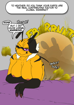 3_toes antennae_(anatomy) anthro areola back_wings bed bedding big_breasts black_arms black_body black_fur black_hair black_stripes blanket breasts butt_sniffing claws dialogue dominant dominant_anthro dominant_female duo dutch_oven fart fart_cloud fart_fetish fart_sniffing farting_female farting_on_male feet female female_farting finger_claws fur furniture green_fart_cloud hair huge_breasts male male/female mandibles multicolored_body multicolored_fur nude nude_anthro nude_female pink_areola pupils purple_eyes purple_pupils purple_sclera q&a sniffing speech_bubble stripes submissive submissive_anthro submissive_male text toes tuft white_tuft wings yellow_body yellow_fur soomir heather_(soomir) hectar_(soomir) arthropod bee hymenopteran insect queen_bee 2025 absurd_res digital_media_(artwork) english_text hi_res