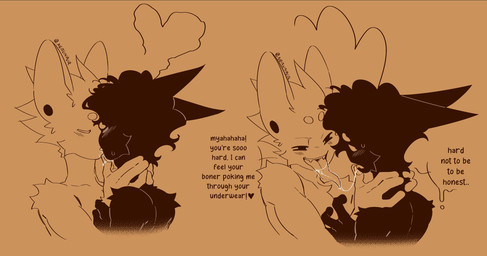 anthro blush blush_lines bodily_fluids dialogue ear_piercing fangs french_kissing hands_around_neck heart_symbol kissing long_tongue looking_at_another looking_back male male/male open_mouth piercing saliva saliva_on_tongue saliva_string seductive simple_background smile speech_bubble sweat sweatdrop teeth text tongue nerunaur noir_(noirzvault) vanille_(noirzvault) domestic_cat felid feline felis mammal 2025 digital_drawing_(artwork) digital_media_(artwork) english_text hi_res signature