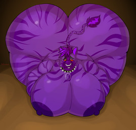 anthro big_breasts big_butt breasts butt collar dark_nipples facial_piercing fur huge_breasts huge_butt hyper male nose_piercing piercing purple_body purple_fur red_eyes solo spiked_collar spikes nathanlepoyo sardonic equid equine mammal zebra absurd_res hi_res