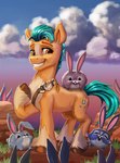 amber_eyes bodily_fluids cutie_mark feral hooves male nervous nervous_smile outside sash smile solo_focus sweat turquoise_hair harwick hasbro mlp_g5 my_little_pony hitch_trailblazer_(mlp) equid equine horse lagomorph leporid mammal pony rabbit hi_res