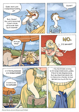 5_fingers anthro bag barefoot beach beach_towel beverage blush bodily_fluids bottomwear breasts clothed clothed_anthro clothed_female clothed_male clothing crying day dress duo embarrassed feathers feet female fingers fur grass hooves humanoid_hands interspecies male male/female outside page_number plant public sand shirt shorts standing sundress sweat tail tan_body tan_fur tears text topwear towel upset white_body white_feathers kantachibli clover_(kantachibli) phillip_(kantachibli) avian bird bovid bovine cattle heron mammal pelecaniform comic english_text hi_res url