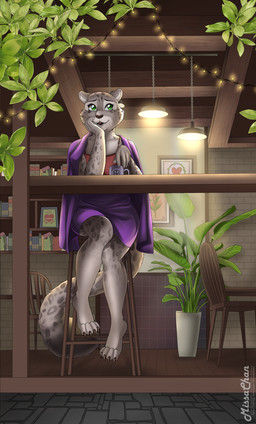 anthro beverage black_body black_fur book bookshelf bottomwear chin_on_paw claws clothed clothing coffee_mug container cup fur furniture green_eyes grey_body grey_fur inside ivy_(plant) jacket markings mug open_clothing open_jacket open_mouth open_topwear plant plant_pot potted_plant relaxing shirt sitting skirt spots spotted_markings tea topwear missachan disney zootopia fabienne_growley felid mammal pantherine snow_leopard absurd_res hi_res signature