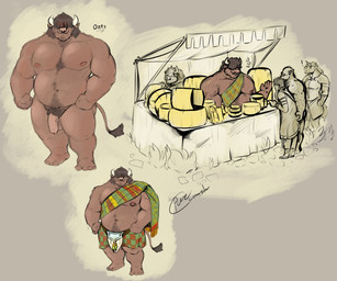 anthro armor balls bottomwear brown_body brown_fur clothing flaccid food foreskin fur genitals grope group humanoid_hands loincloth male musclegut muscular nude overweight overweight_male partially_retracted_foreskin penis pubes desertb0ar bovid bovine cattle equid equine humanoid mammal orc 2021 6:5 hi_res