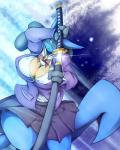 2014 3_fingers anthro big_breasts blue_eyes bow breasts clothed clothing day-t female lucario nintendo pokémon pokémorph samurai_sword skirt solo spikes sword video_games weapon
Rating: Safe
Score: 5
User: Finchmaster
Date: February 24, 2014