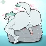 anthro ball balls belly big_belly big_butt blush blush_lines bouncing_butt butt erection exercise_ball fur genitals grey_body grey_fur huge_belly huge_butt humanoid_genitalia humanoid_penis hyper hyper_belly looking_at_viewer looking_back looking_back_at_viewer male multicolored_body multicolored_fur muscular muscular_anthro muscular_male nude penis perineum presenting presenting_hindquarters raised_tail simple_background solo tail thick_thighs tiptoes two_tone_body two_tone_fur notherneon brand_new_animal studio_trigger shirou_ogami canid canine canis mammal wolf 2024 digital_drawing_(artwork) digital_media_(artwork)