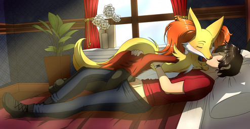 anthro bed clothed clothing duo female female_anthro furniture genitals interspecies kissing male male/female male_human partially_clothed penis pokephilia messer-aramis nintendo pokemon delphox generation_6_pokemon human mammal pokemon_(species) better_version_at_source