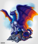 armor feral male orange_tail purple_body purple_scales rock scales solo spread_wings tail wings buckovskiart mythology bluescales flow dragon mythological_creature mythological_scalie scalie absurd_res full-length_portrait hi_res portrait