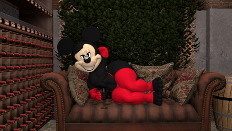 4_toes anthro armwear big_butt black_body black_fur black_nose butt clothed clothing container cup drinking_glass feet fur furniture glass glass_container glass_cup half-closed_eyes hand_behind_head holding_glass holding_object legwear lying male narrowed_eyes nipples on_side on_sofa red_armwear red_clothing red_legwear red_thong red_underwear round_ears smile sofa solo thick_thighs thong toes topless topless_anthro topless_male underwear wide_hips wine_glass skelefoxdesign disney mickey_mouse mammal mouse murid murine rodent 16:9 2025 3d_(artwork) digital_media_(artwork) english_description hi_res source_filmmaker_(artwork) widescreen