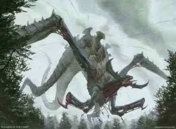 ambiguous_gender cloud day exoskeleton forest gun holding_gun holding_object holding_ranged_weapon holding_weapon horn low-angle_view macro open_mouth outside plant quadruped ranged_weapon sharp_teeth smoke solo tail teeth text tree weapon david_astruga hasbro magic:_the_gathering warhammer_(franchise) warhammer_40000 wizards_of_the_coast hierophant tyranid 2022 absurd_res hi_res official_art url