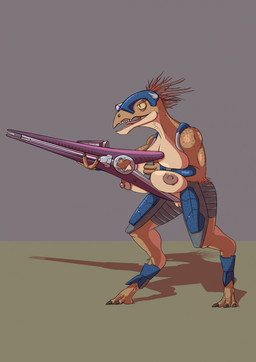 3_fingers 3_toes anthro arm_quills beam_rifle big_breasts breast_squish breasts digitigrade eyelashes feet female fingers genitals holding_object holding_ranged_weapon holding_weapon huge_breasts nipples non-mammal_breasts non-mammal_nipples pupils quill_hair ranged_weapon scales scuted_feet scutes slit_pupils solo squish standing tan_body tan_scales toes vulva weapon yellow_eyes pax_galactica halo_(series) microsoft xbox_game_studios alien kig-yar ruuhtian scalie colored hi_res
