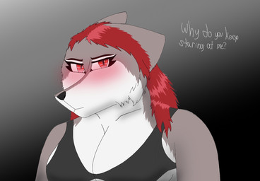 anthro ears_back female hair half_naked looking_at_viewer pivoted_ears red_eyes red_hair solo text atlas_the_wolf_(artist) atlas_the_wolf canid canine mammal english_text hi_res