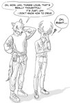 anthro antlers bottomwear clothed clothing dialogue duo eyes_closed facepalm footwear hand_behind_head hoodie horn jacket male pants scar shoes simple_background standing text topwear white_background ffog beastars legoshi_(beastars) louis_(beastars) canid canine canis cervine deer mammal red_deer wolf 2021 black_and_white english_text hi_res monochrome