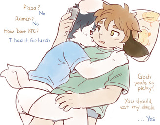 anthro clothing cuddling dialogue duo electronics looking_at_object looking_at_phone male male/male phone pillow text underwear arnd_dawn lagomorph leporid mammal rabbit english_text